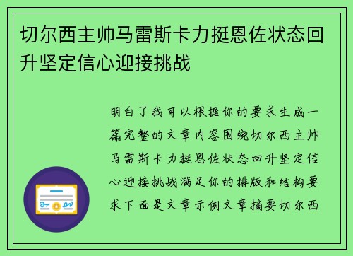 切尔西主帅马雷斯卡力挺恩佐状态回升坚定信心迎接挑战 切尔西主帅马雷斯卡力挺恩佐状态回升坚定信心迎接挑战