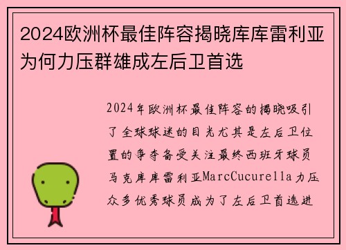 2024欧洲杯最佳阵容揭晓库库雷利亚为何力压群雄成左后卫首选 2024欧洲杯最佳阵容揭晓库库雷利亚为何力压群雄成左后卫首选